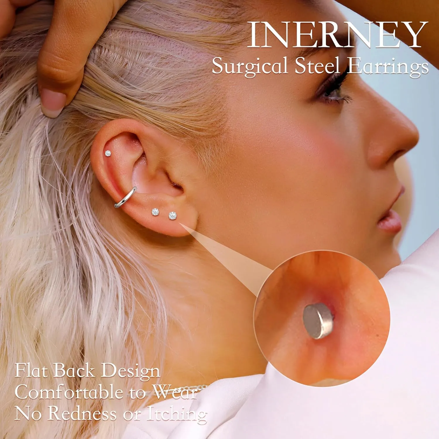 Tragus Gold Earrings Set for Women, Cartilage Earring Stack for Multiple Piercing, Hypoallergenic Helix Flat Back Small Stud Hoop Earrings for Sensitive Ear, Jewelry Gift