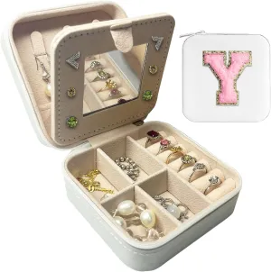 Travel Jewelry Case, Jewelry Organizer Box, Small Travel Jewelry Holder Personalized Birthday Gift Women Girls Teens White Earring Necklace Organizer Case with Mirror Initial Y