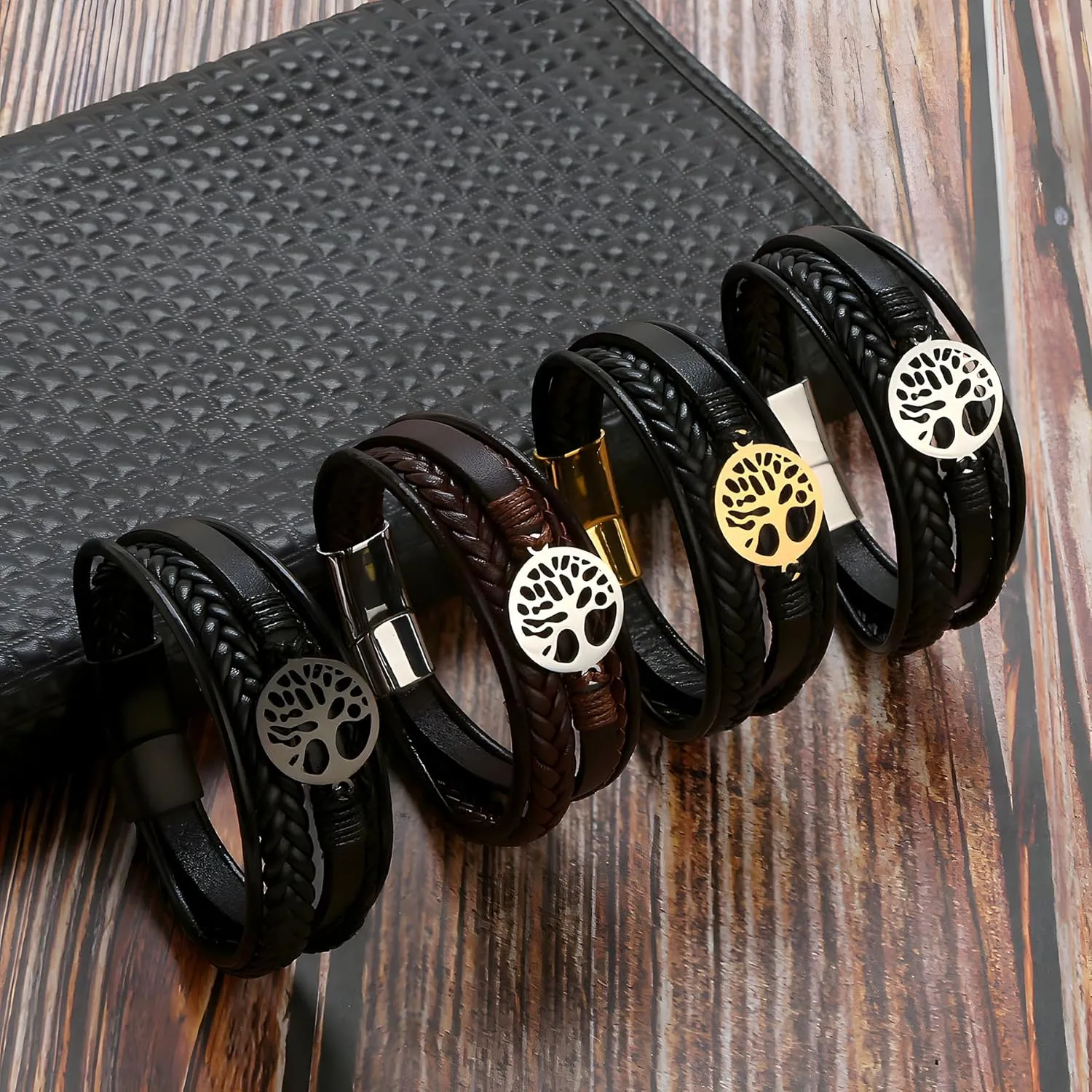 Tree of Life Leather Bracelet for Men, Multi-Layer Braided Religious Boho Women Cuff Bracelets with Stainless Steel Clasp Anniversary Father's Day Birthday Christmas Jewelry Gifts for Him