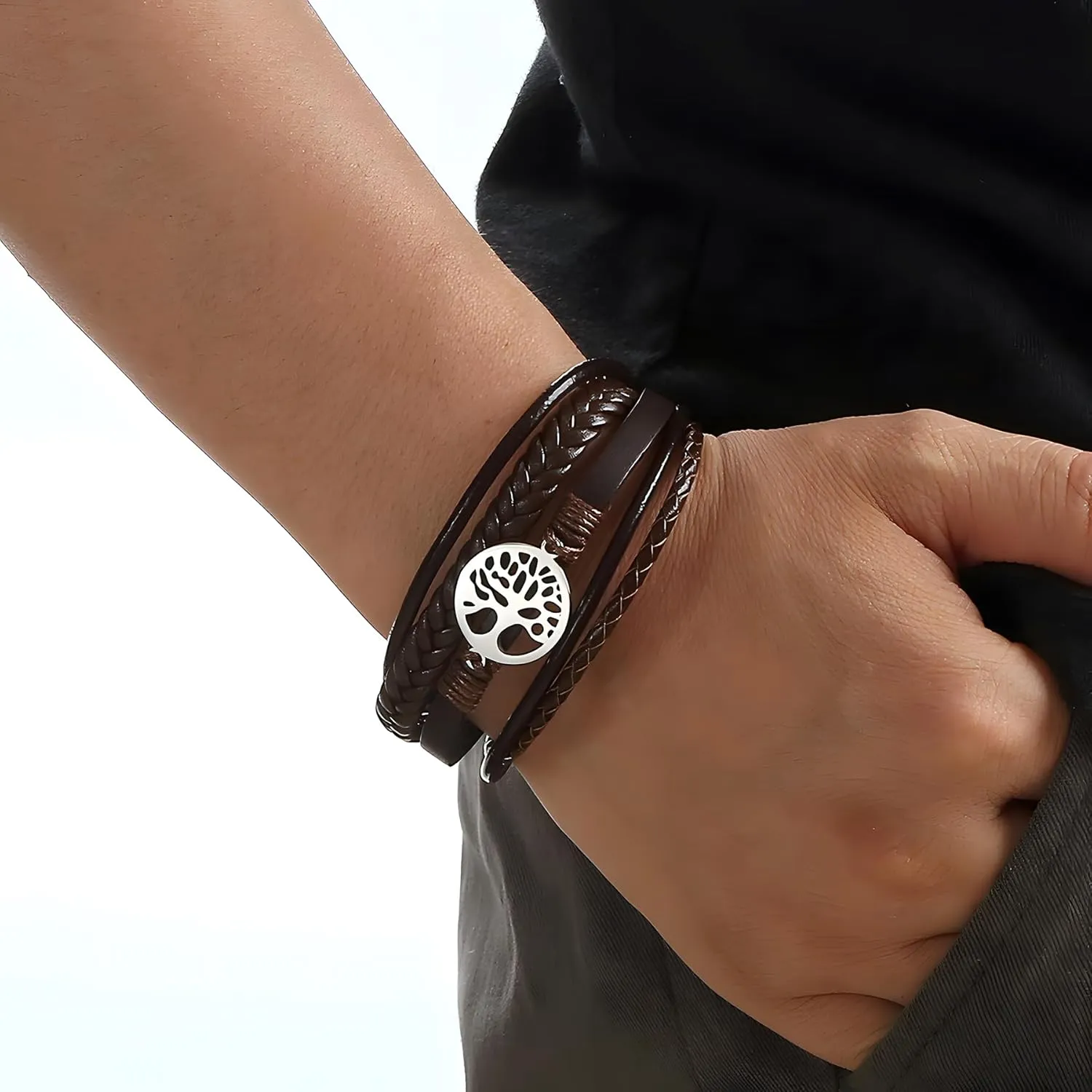 Tree of Life Leather Bracelet for Men, Multi-Layer Braided Religious Boho Women Cuff Bracelets with Stainless Steel Clasp Anniversary Father's Day Birthday Christmas Jewelry Gifts for Him