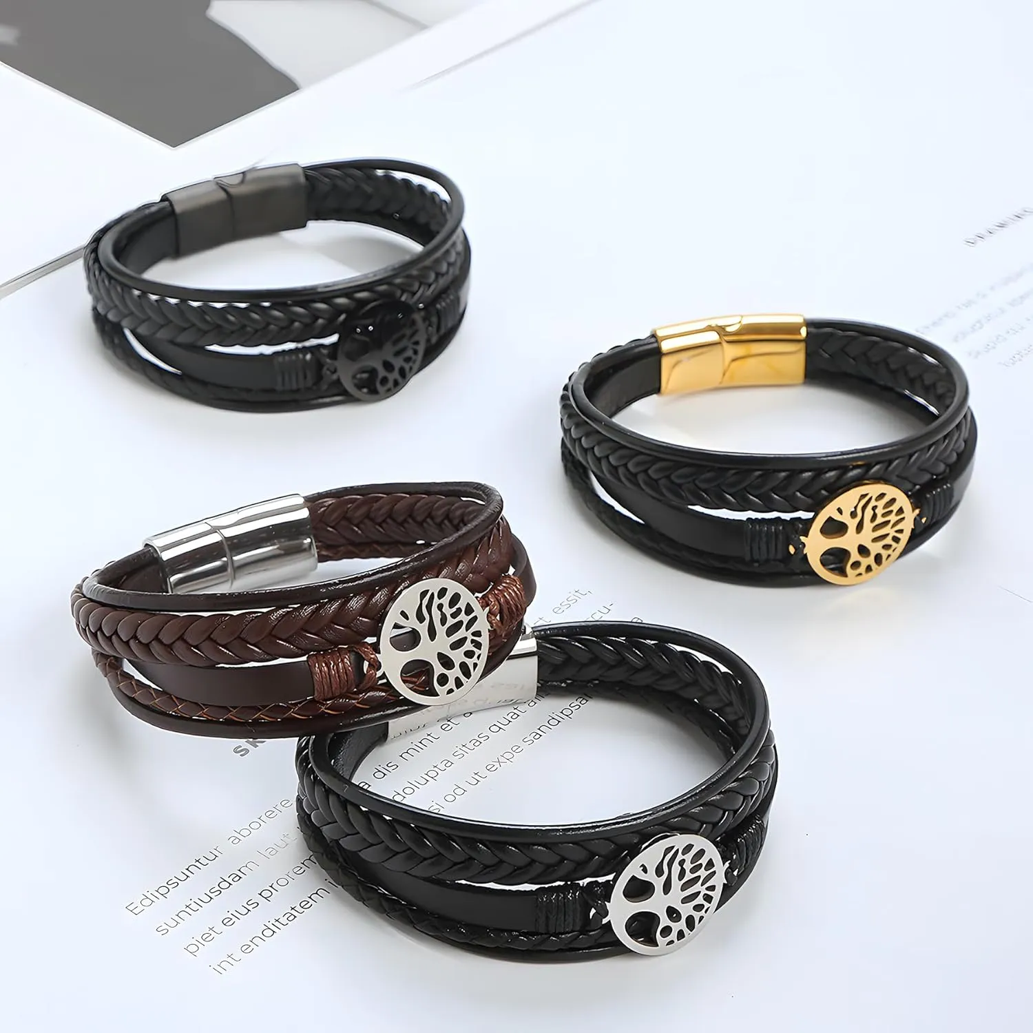 Tree of Life Leather Bracelet for Men, Multi-Layer Braided Religious Boho Women Cuff Bracelets with Stainless Steel Clasp Anniversary Father's Day Birthday Christmas Jewelry Gifts for Him