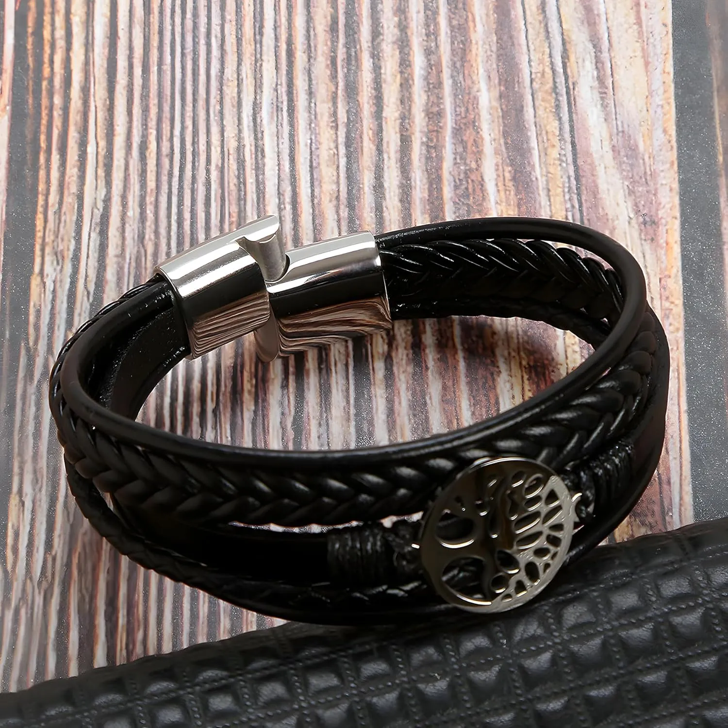 Tree of Life Leather Bracelet for Men, Multi-Layer Braided Religious Boho Women Cuff Bracelets with Stainless Steel Clasp Anniversary Father's Day Birthday Christmas Jewelry Gifts for Him