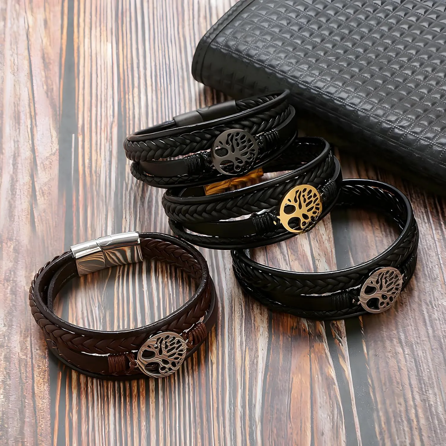 Tree of Life Leather Bracelet for Men, Multi-Layer Braided Religious Boho Women Cuff Bracelets with Stainless Steel Clasp Anniversary Father's Day Birthday Christmas Jewelry Gifts for Him