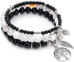 Tree of Life Yoga Healing Stone Bracelets,Multilayer Turquoise Jasper Bracelet Sets Beach Charm Bracelet Set One Size Fits All for Perple Stress Relief