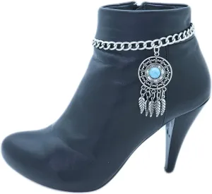TrendyFashionJewelry TFJ Women Boot Bracelet Western Silver Metal Chain Shoe Ethnic Bling Feather Charm Anklet Turquoise Blue