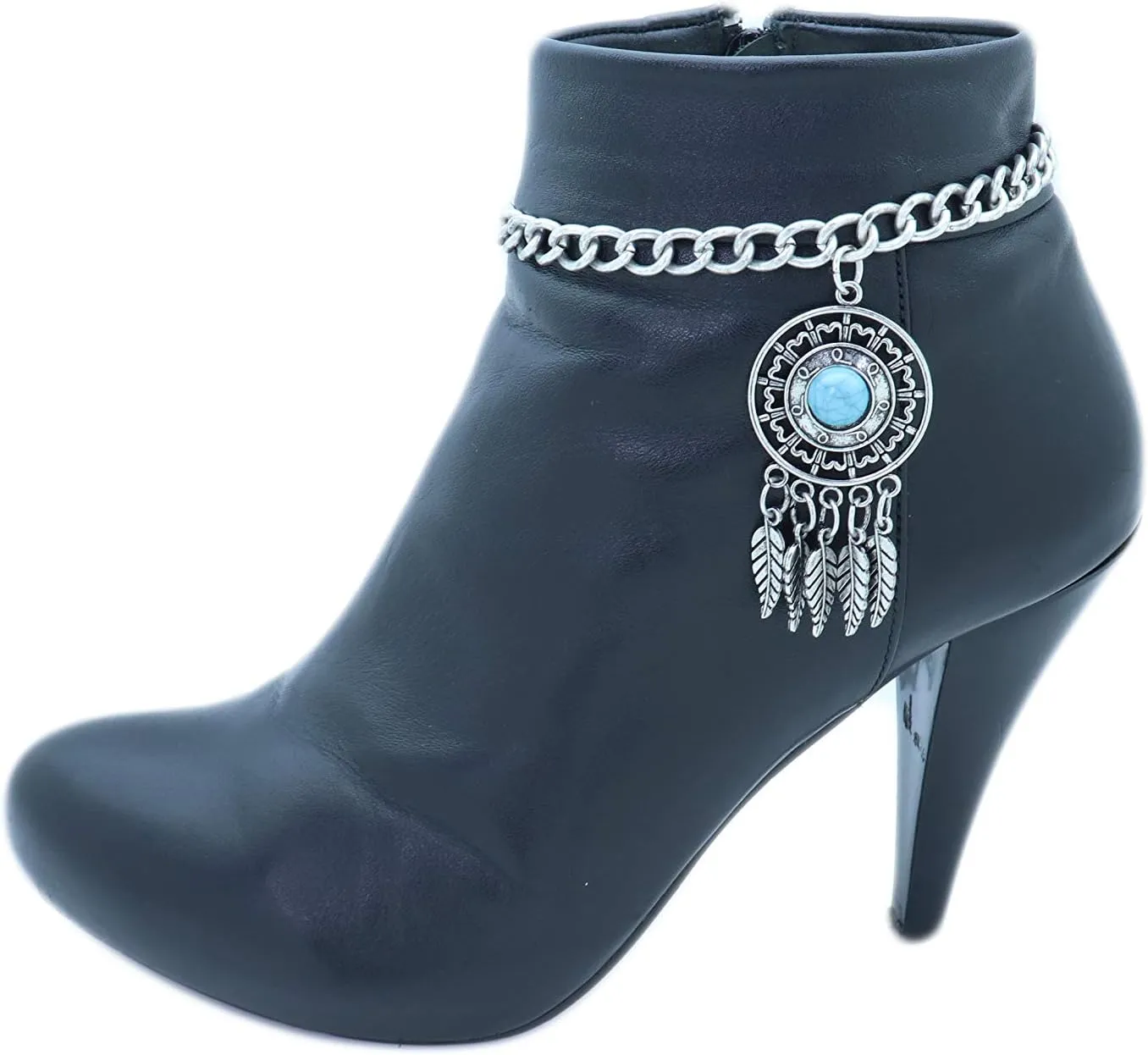 TrendyFashionJewelry TFJ Women Boot Bracelet Western Silver Metal Chain Shoe Ethnic Bling Feather Charm Anklet Turquoise Blue