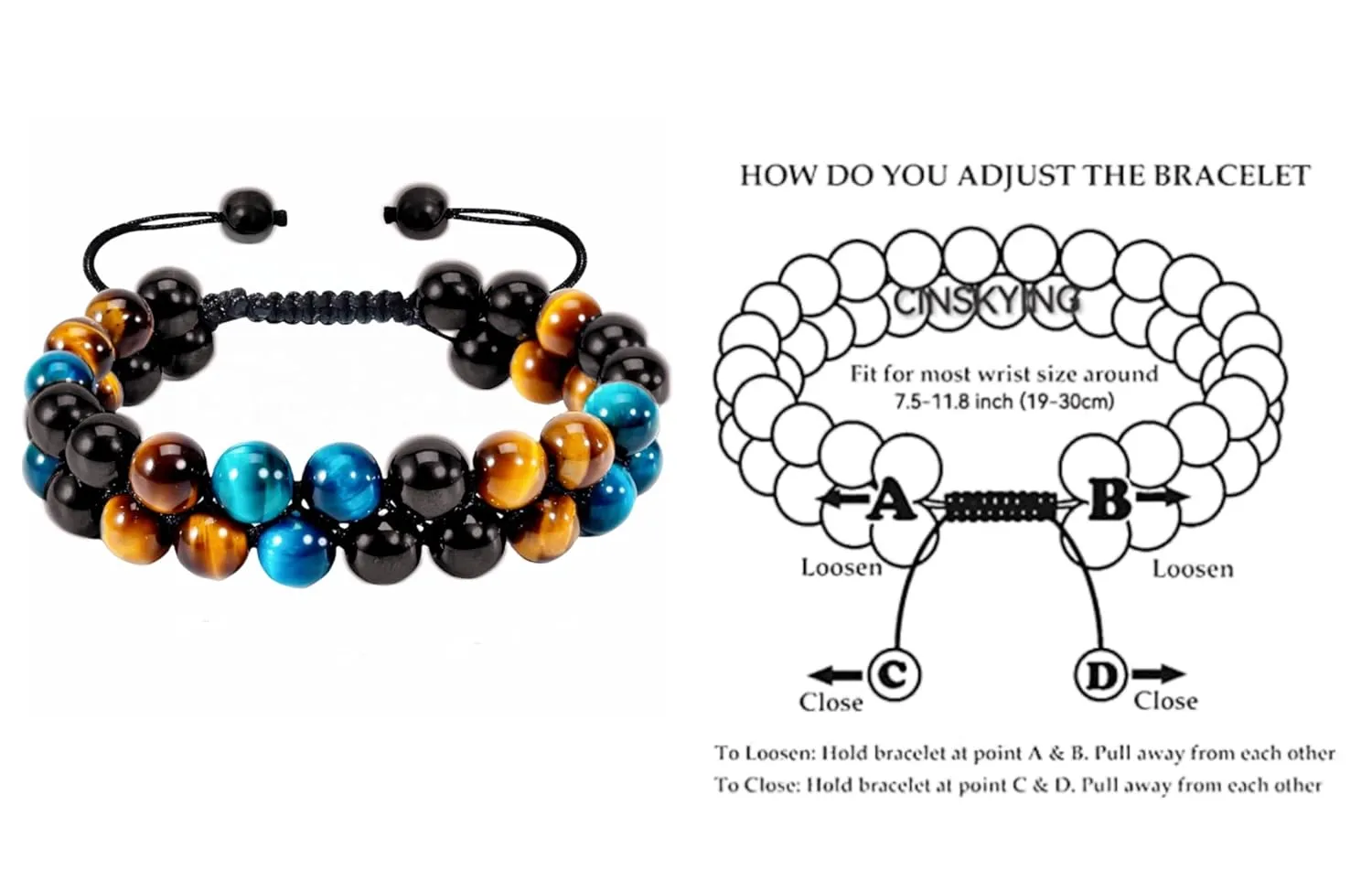 Triple Protection Bracelet for Men Women, Genuine Tigers Eye and Obsidian 8mm Beads, Handmade Crystal Stone Bracelets (K2-Double Tiger Eye Set (B&Y))