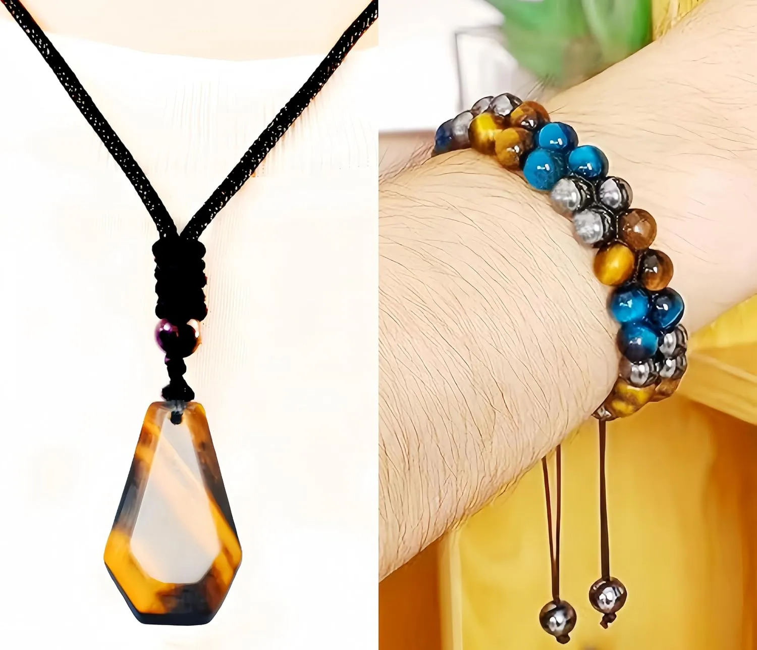 Triple Protection Bracelet for Men Women, Genuine Tigers Eye and Obsidian 8mm Beads, Handmade Crystal Stone Bracelets (K2-Double Tiger Eye Set (B&Y))