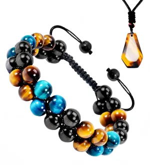 Triple Protection Bracelet for Men Women, Genuine Tigers Eye and Obsidian 8mm Beads, Handmade Crystal Stone Bracelets (K2-Double Tiger Eye Set (B&Y))