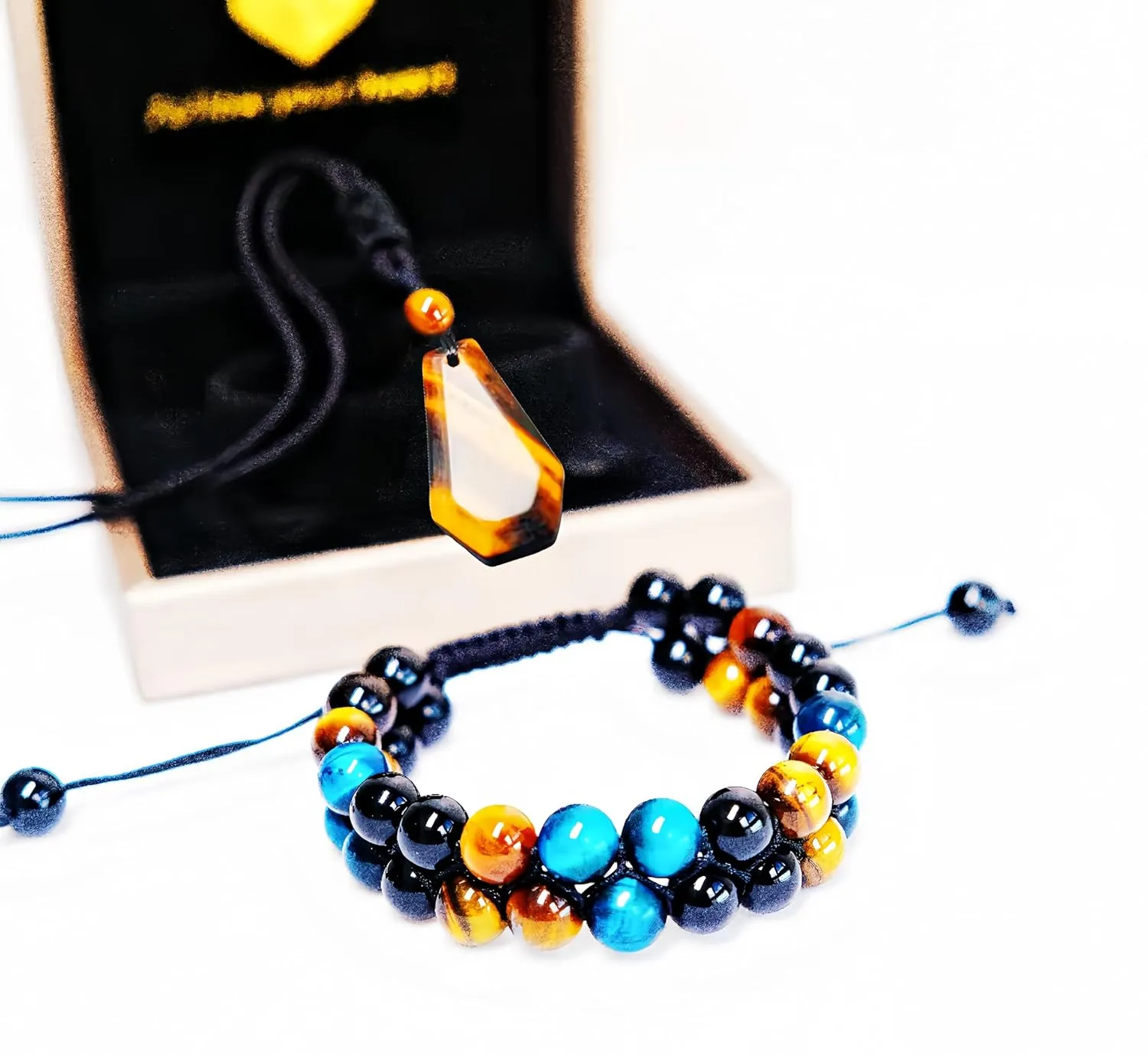 Triple Protection Bracelet for Men Women, Genuine Tigers Eye and Obsidian 8mm Beads, Handmade Crystal Stone Bracelets (K2-Double Tiger Eye Set (B&Y))