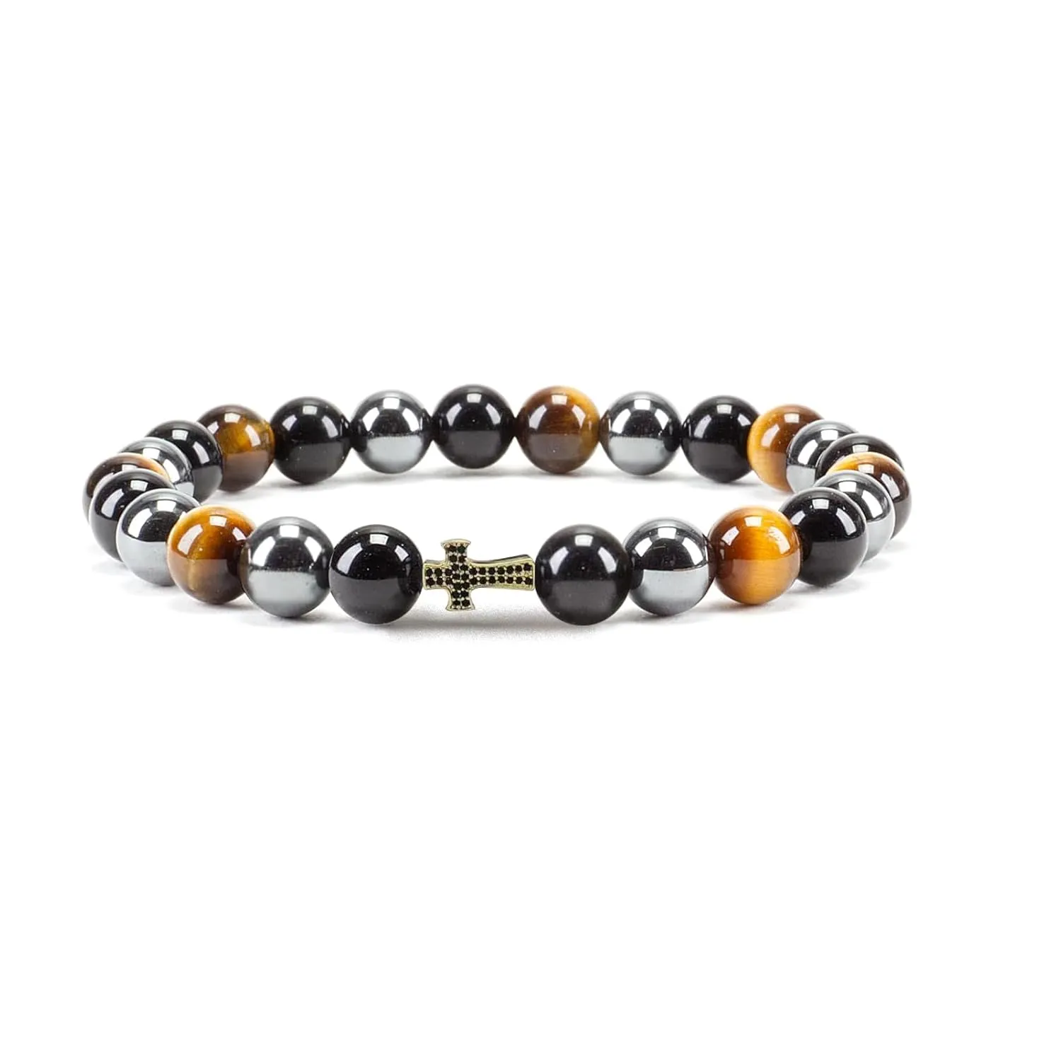 Triple Protection Healing Good Energy Bracelet- Tiger Eye Hematite Black Obsidian Natural Stone Cross Jewelry Bracelet Bring Good Luck & Prosperity to Men Women