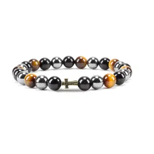 Triple Protection Healing Good Energy Bracelet- Tiger Eye Hematite Black Obsidian Natural Stone Cross Jewelry Bracelet Bring Good Luck & Prosperity to Men Women