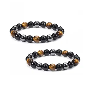 Triple Protection Healing Good Energy Bracelet- Tiger Eye Hematite Black Obsidian Natural Stone Jewelry Bracelet Bring Good Luck & Prosperity to Men Women