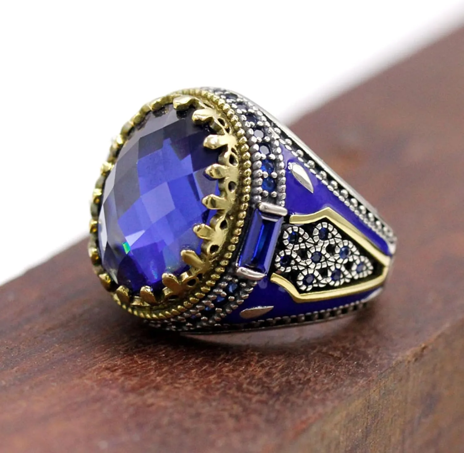 Turkish Jewelry Men's Ring With Blue Glass Stone 925 Sterling Silver Vintage King Crown CZ Enamel Ring Ladies and Men's Gifts