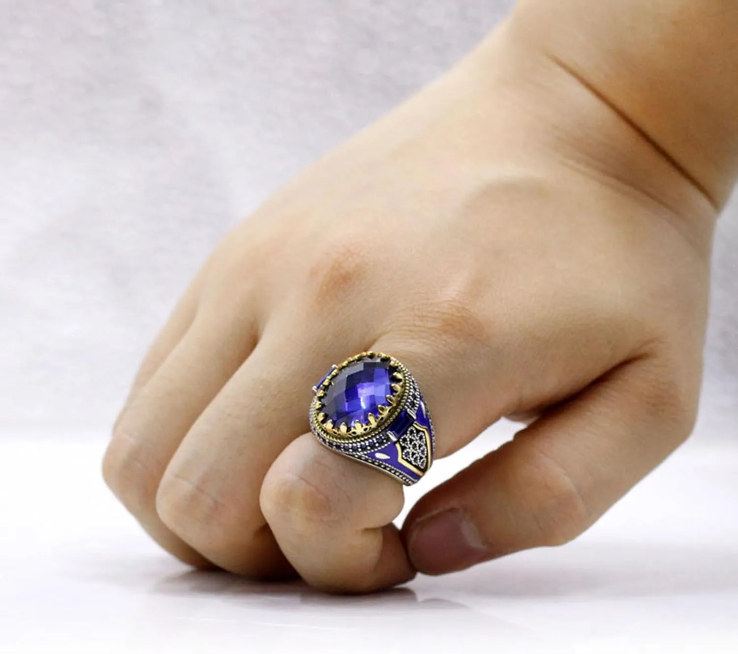 Turkish Jewelry Men's Ring With Blue Glass Stone 925 Sterling Silver Vintage King Crown CZ Enamel Ring Ladies and Men's Gifts