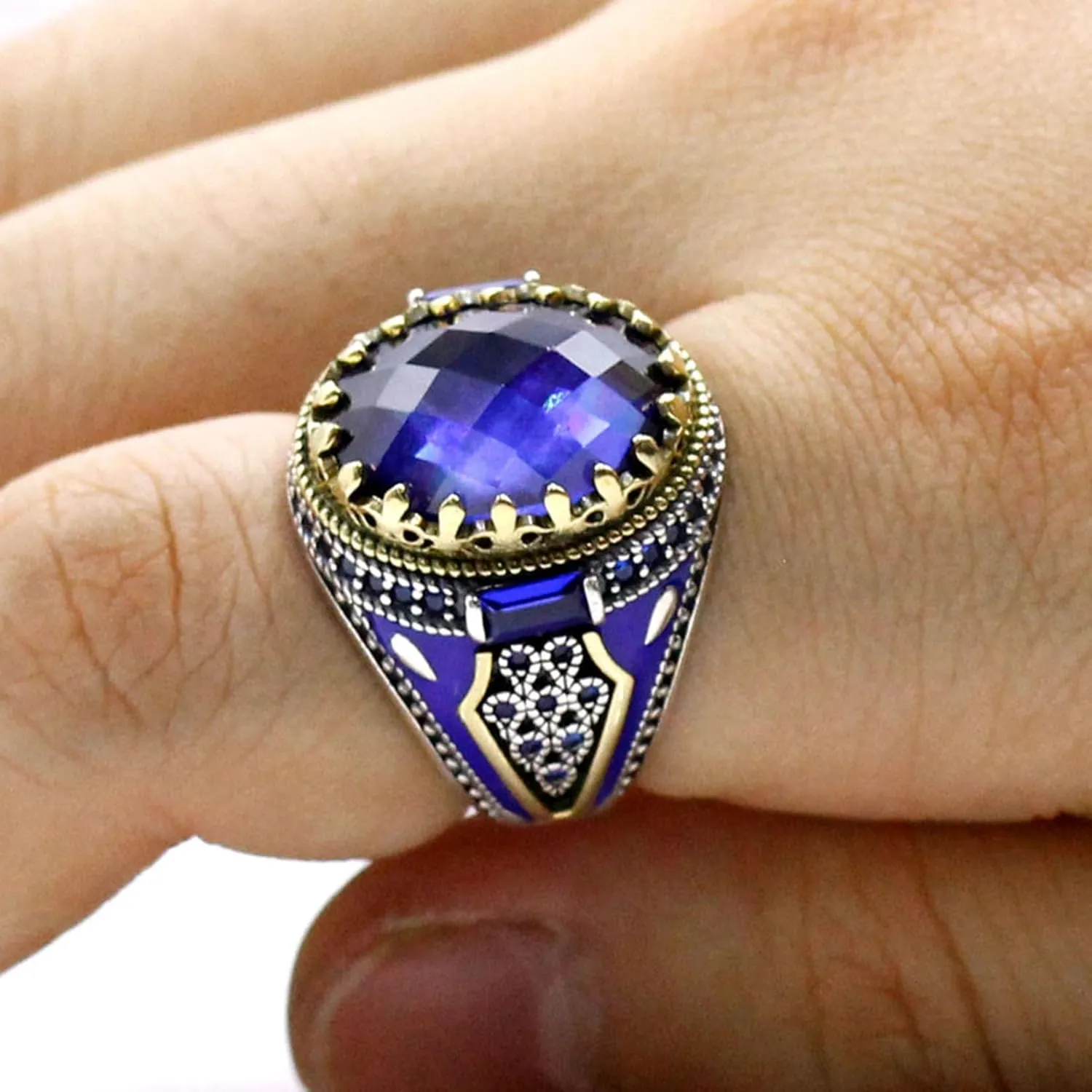 Turkish Jewelry Men's Ring With Blue Glass Stone 925 Sterling Silver Vintage King Crown CZ Enamel Ring Ladies and Men's Gifts
