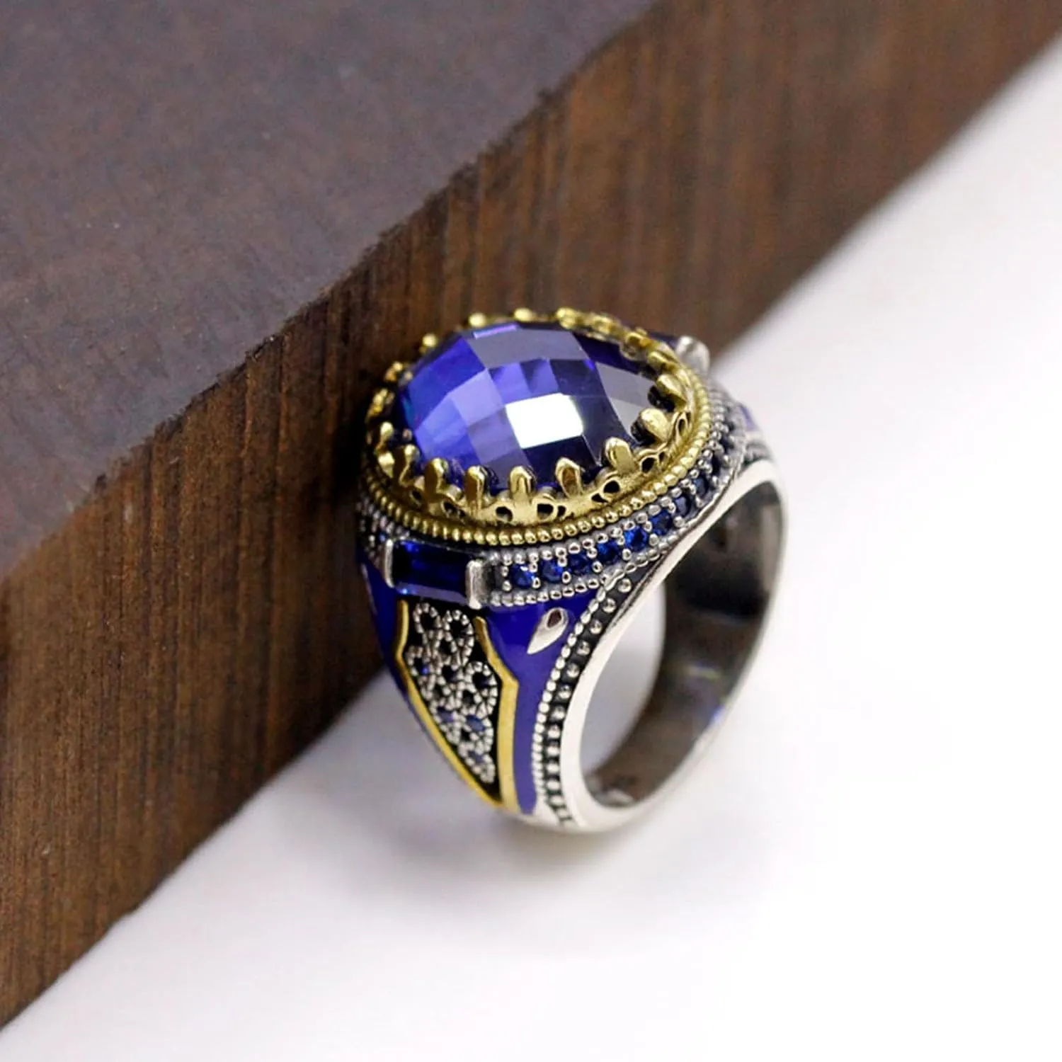 Turkish Jewelry Men's Ring With Blue Glass Stone 925 Sterling Silver Vintage King Crown CZ Enamel Ring Ladies and Men's Gifts
