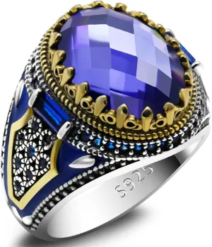 Turkish Jewelry Men's Ring With Blue Glass Stone 925 Sterling Silver Vintage King Crown CZ Enamel Ring Ladies and Men's Gifts