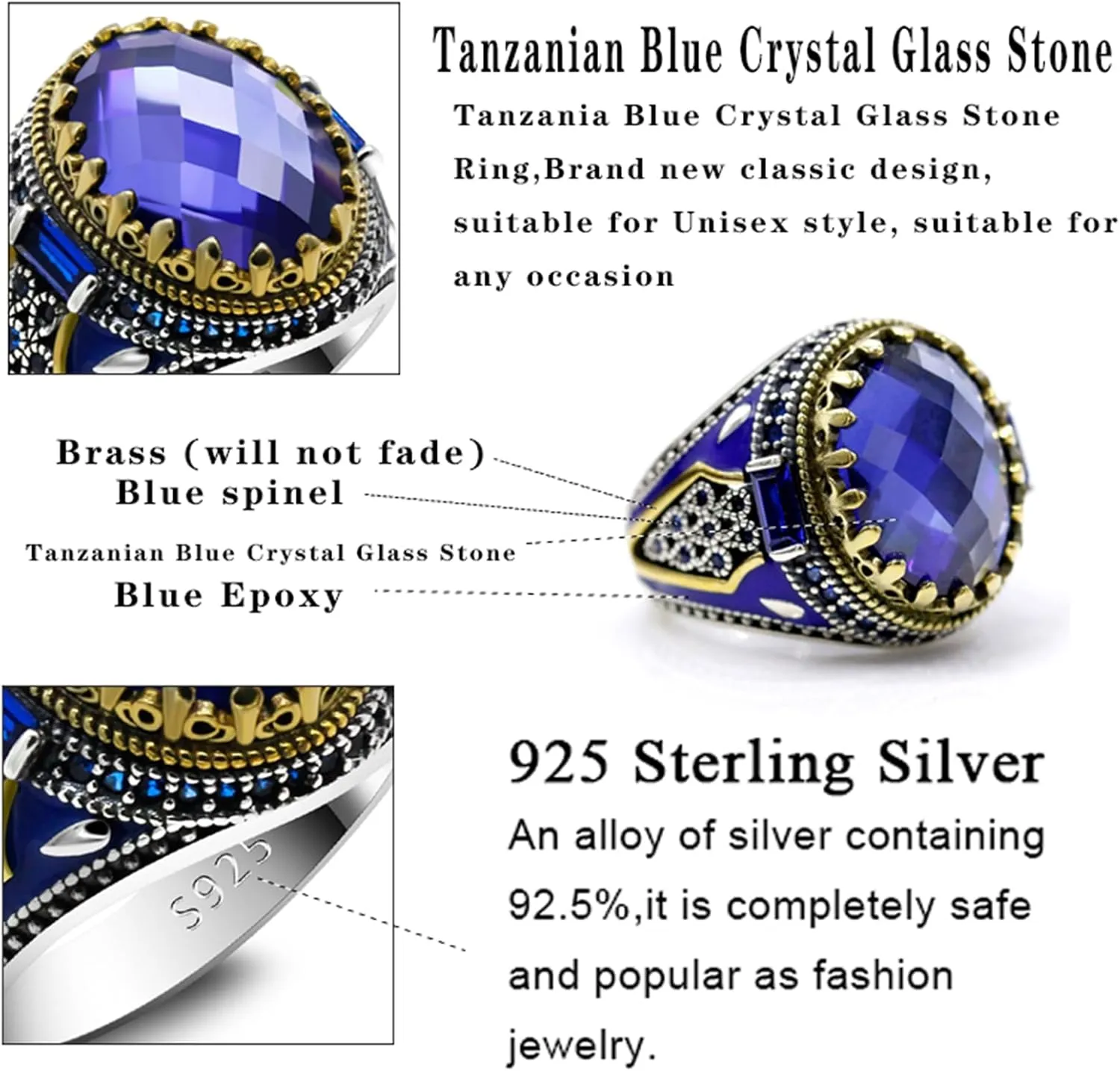Turkish Jewelry Men's Ring With Blue Glass Stone 925 Sterling Silver Vintage King Crown CZ Enamel Ring Ladies and Men's Gifts
