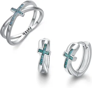 Turquoise Cross Ring Earrings for Women 925 Sterling Silver Faith Christian Religious Jewelry Gifts 7 Size