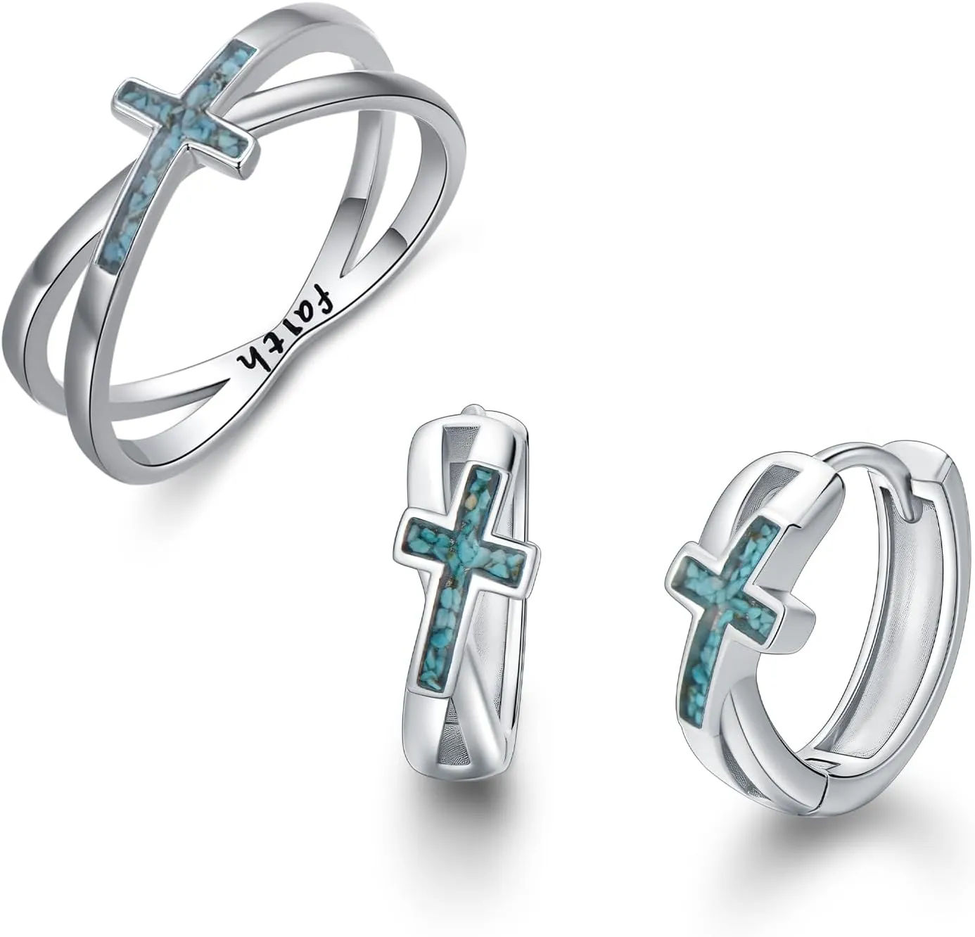 Turquoise Cross Ring Earrings for Women 925 Sterling Silver Faith Christian Religious Jewelry Gifts 7 Size