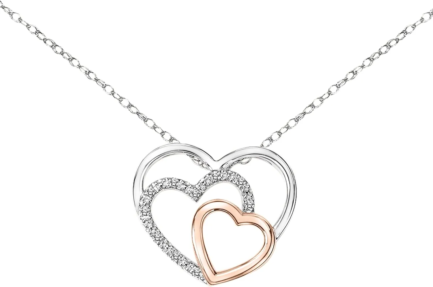 Two-Tone Triple Heart Diamond Pendant Necklace in 925 Sterling Silver and 18K Rose Gold Plated, 0.05 Cttw (I-J Color, I3 Clarity), with 18-inch Adjustable Silver Chain, by Brilliant Expressions
