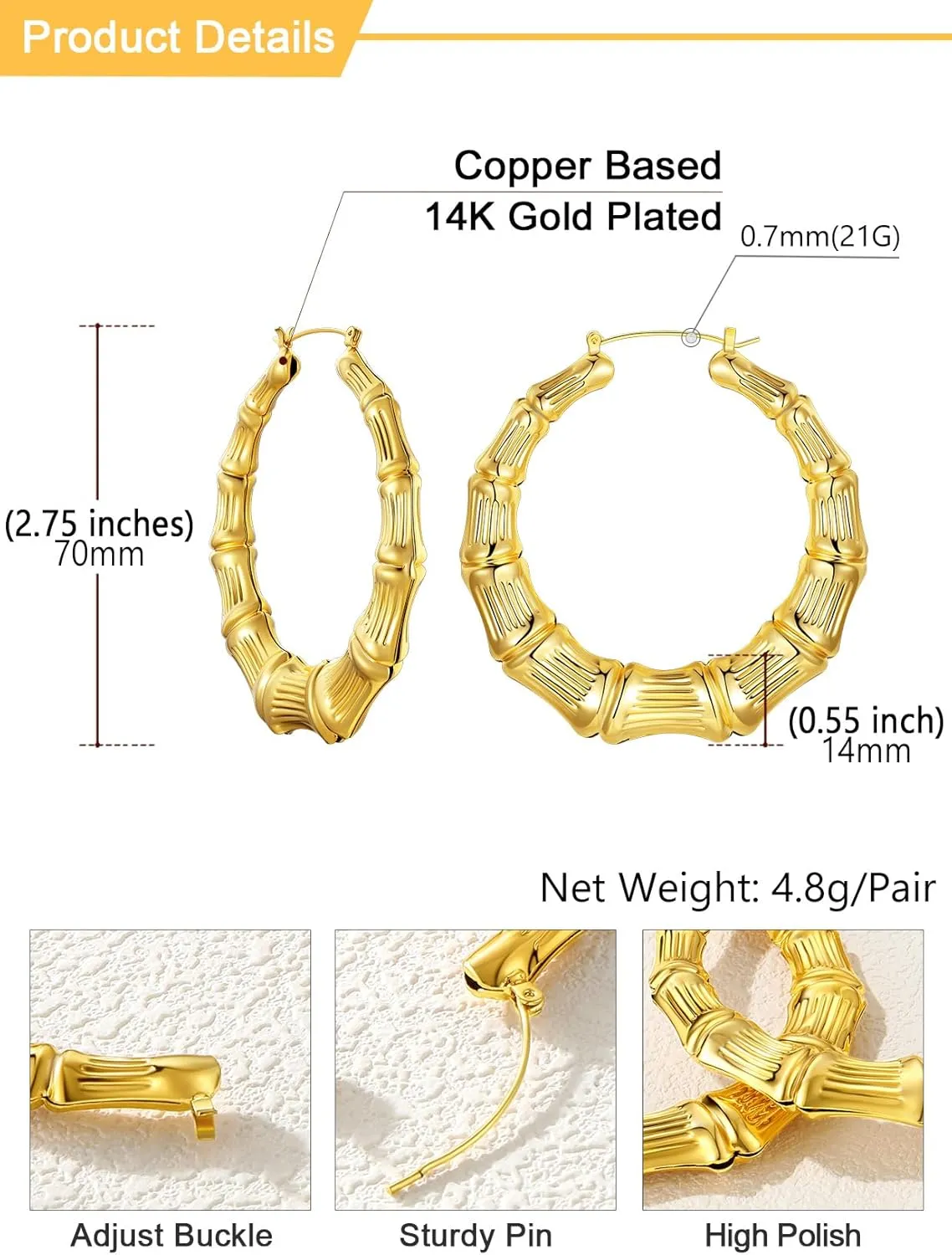 U7 Bamboo Earrings for Women 18K Gold Plated/Stainless Steel/Personalized Black Statement Extra Large Hoop Earrings 80s 90s Custom Name Huggie Earrings for Party Fashion Jewlery