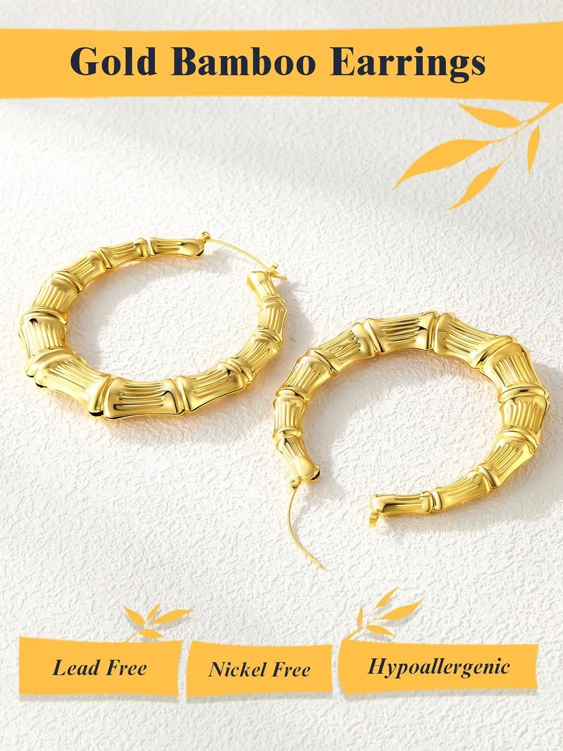 U7 Bamboo Earrings for Women 18K Gold Plated/Stainless Steel/Personalized Black Statement Extra Large Hoop Earrings 80s 90s Custom Name Huggie Earrings for Party Fashion Jewlery