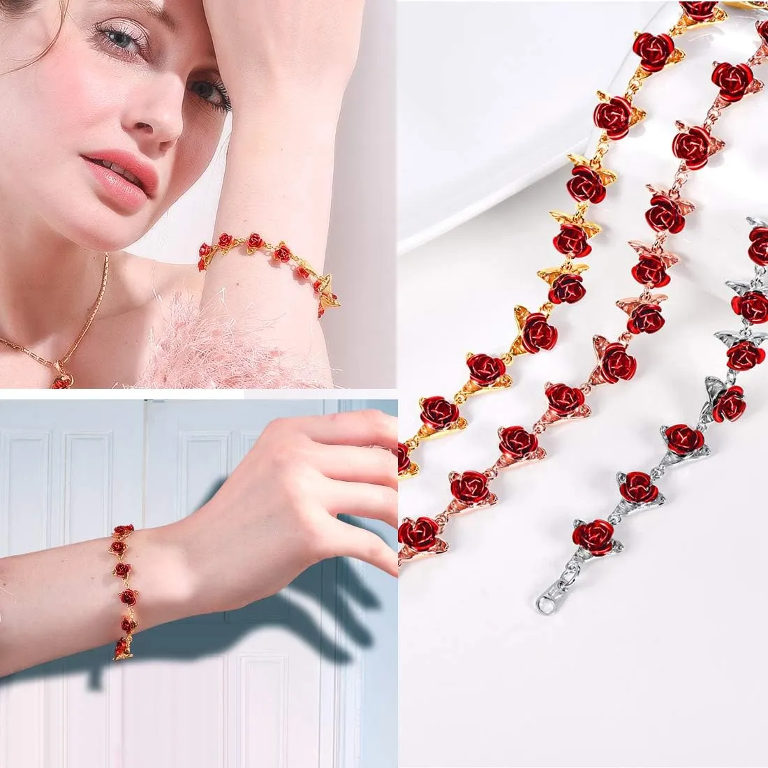 U7 Red Rose Link Bracelets for Women Girls 18K Gold Custom Text Photo Bracelet Romantic Rose Jewelry for Mom Wife