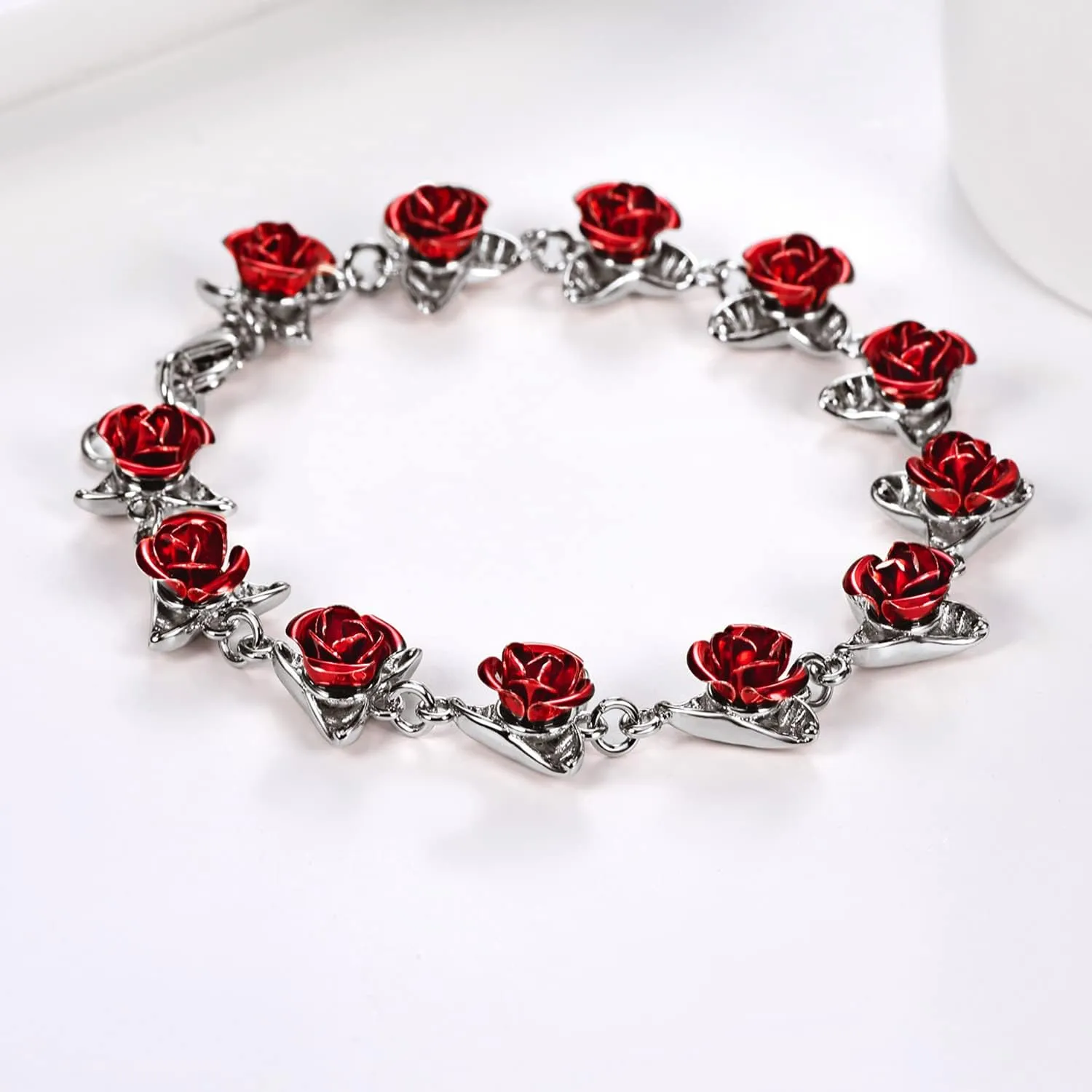 U7 Red Rose Link Bracelets for Women Girls 18K Gold Custom Text Photo Bracelet Romantic Rose Jewelry for Mom Wife