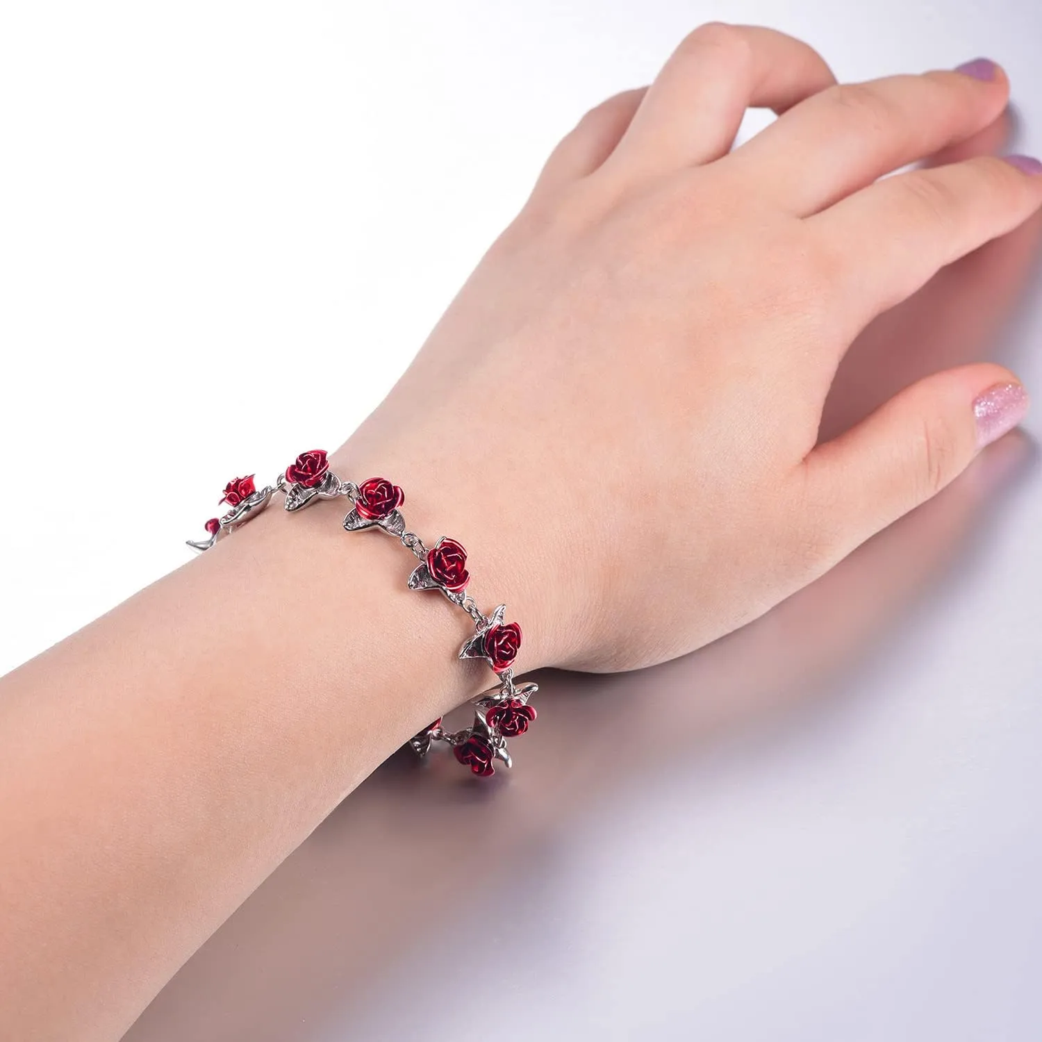 U7 Red Rose Link Bracelets for Women Girls 18K Gold Custom Text Photo Bracelet Romantic Rose Jewelry for Mom Wife