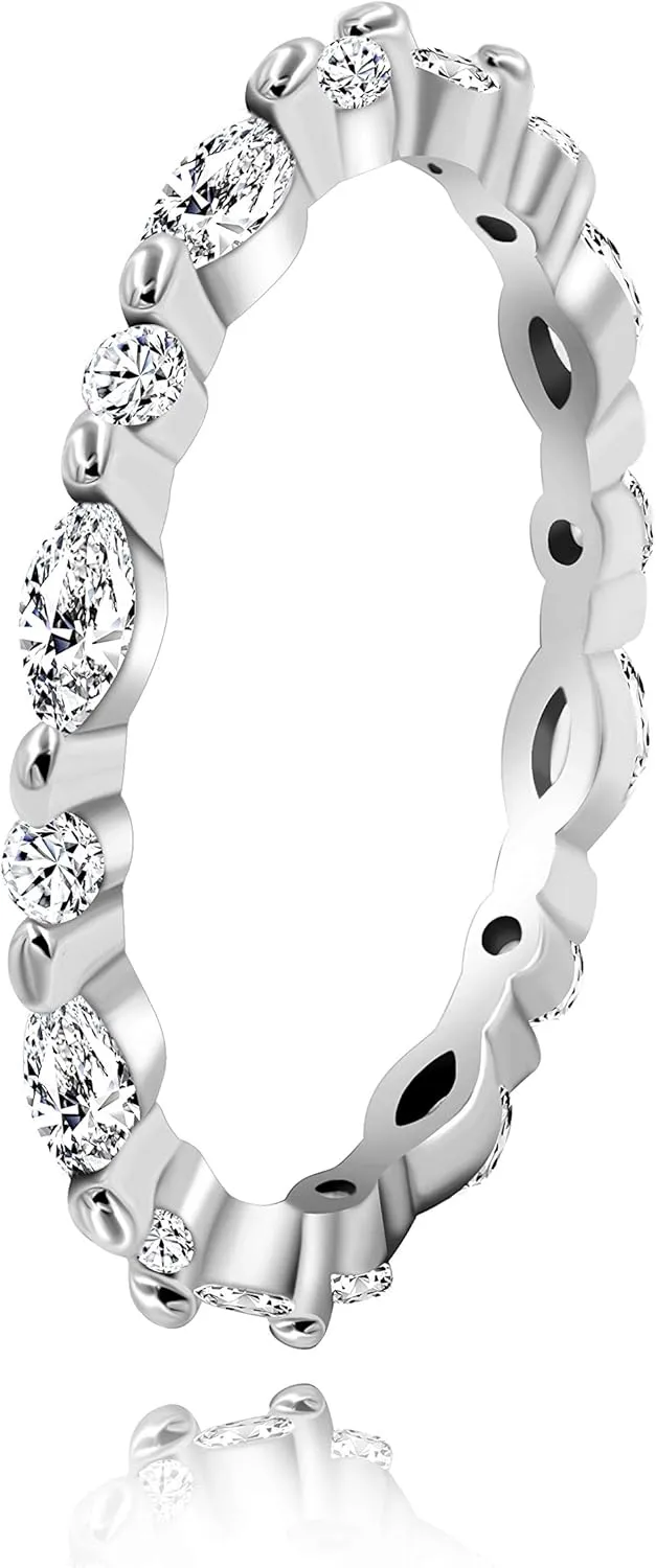 Uloveido 925 Sterling Silver Eternity Band Milgrain Rings Stack with Marquise & Round Cut Cubic Zirconia WR134