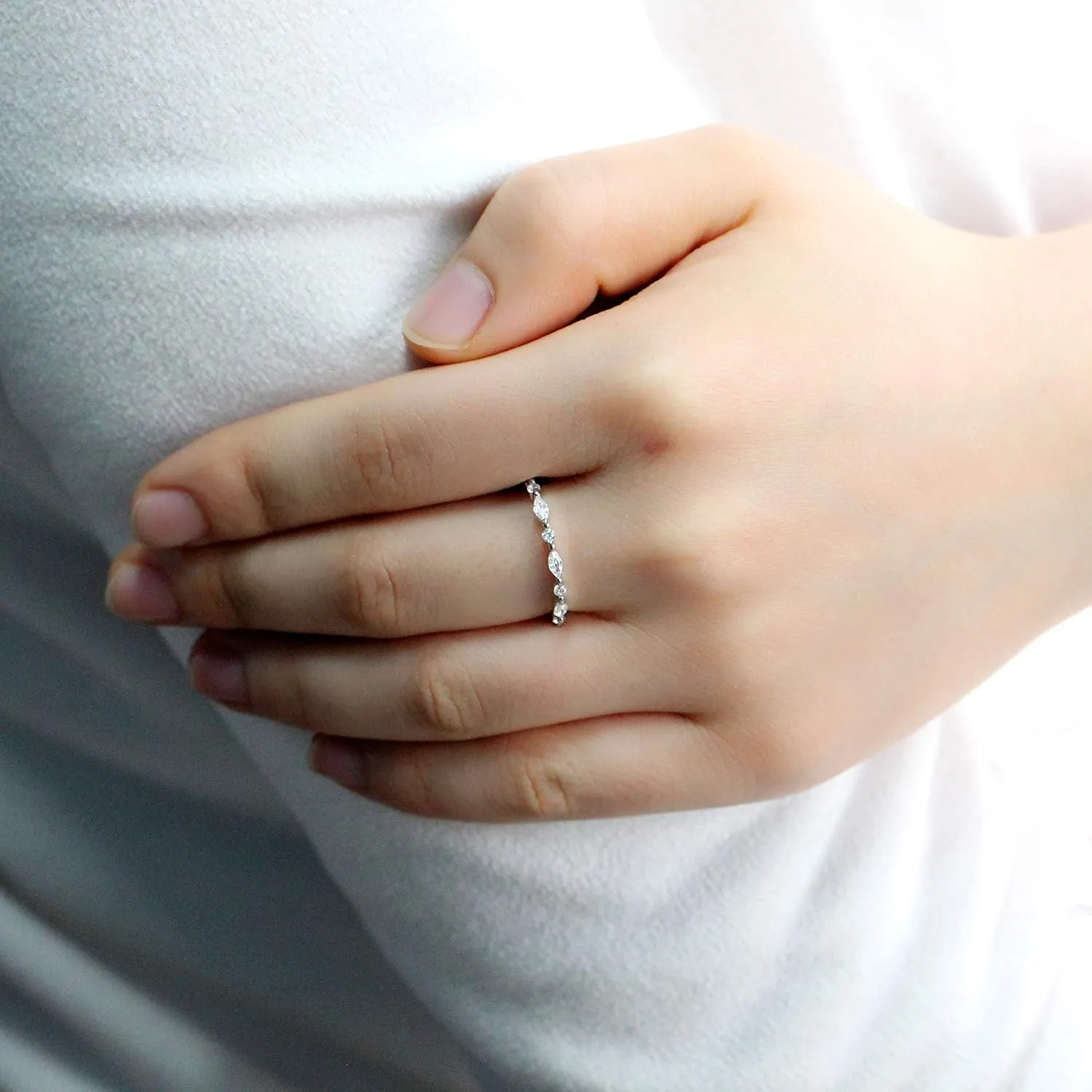 Uloveido 925 Sterling Silver Eternity Band Milgrain Rings Stack with Marquise & Round Cut Cubic Zirconia WR134