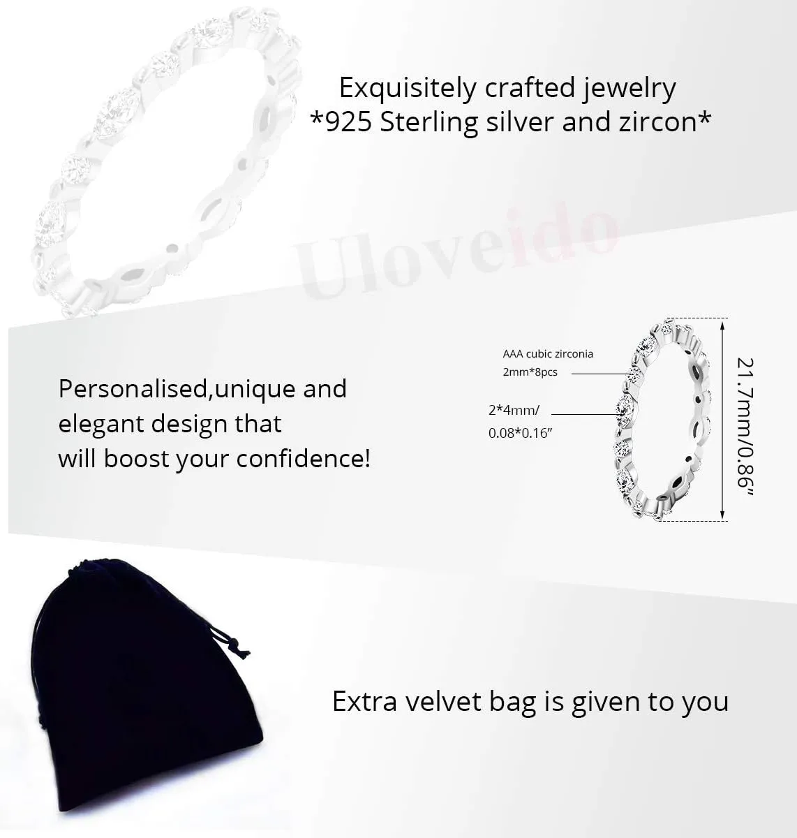 Uloveido 925 Sterling Silver Eternity Band Milgrain Rings Stack with Marquise & Round Cut Cubic Zirconia WR134