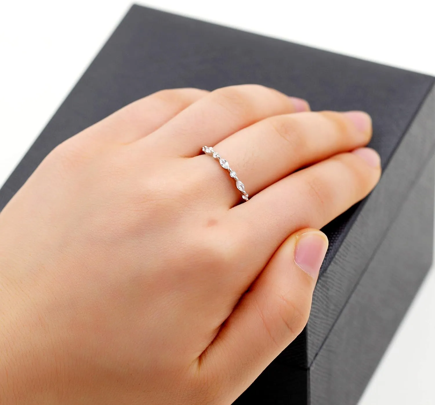 Uloveido 925 Sterling Silver Eternity Band Milgrain Rings Stack with Marquise & Round Cut Cubic Zirconia WR134