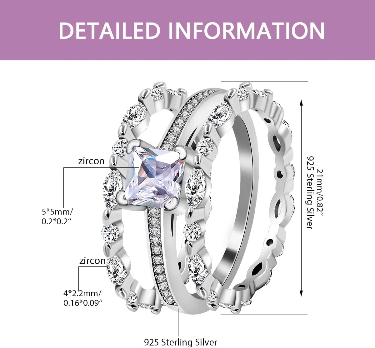 Uloveido 925 Sterling Silver Square Solitaire Ring and Milgrain Eternity Bands Marquise Round CZ Stack Bridal Rings Set for Women
