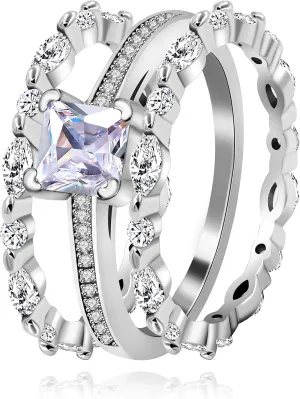 Uloveido 925 Sterling Silver Square Solitaire Ring and Milgrain Eternity Bands Marquise Round CZ Stack Bridal Rings Set for Women