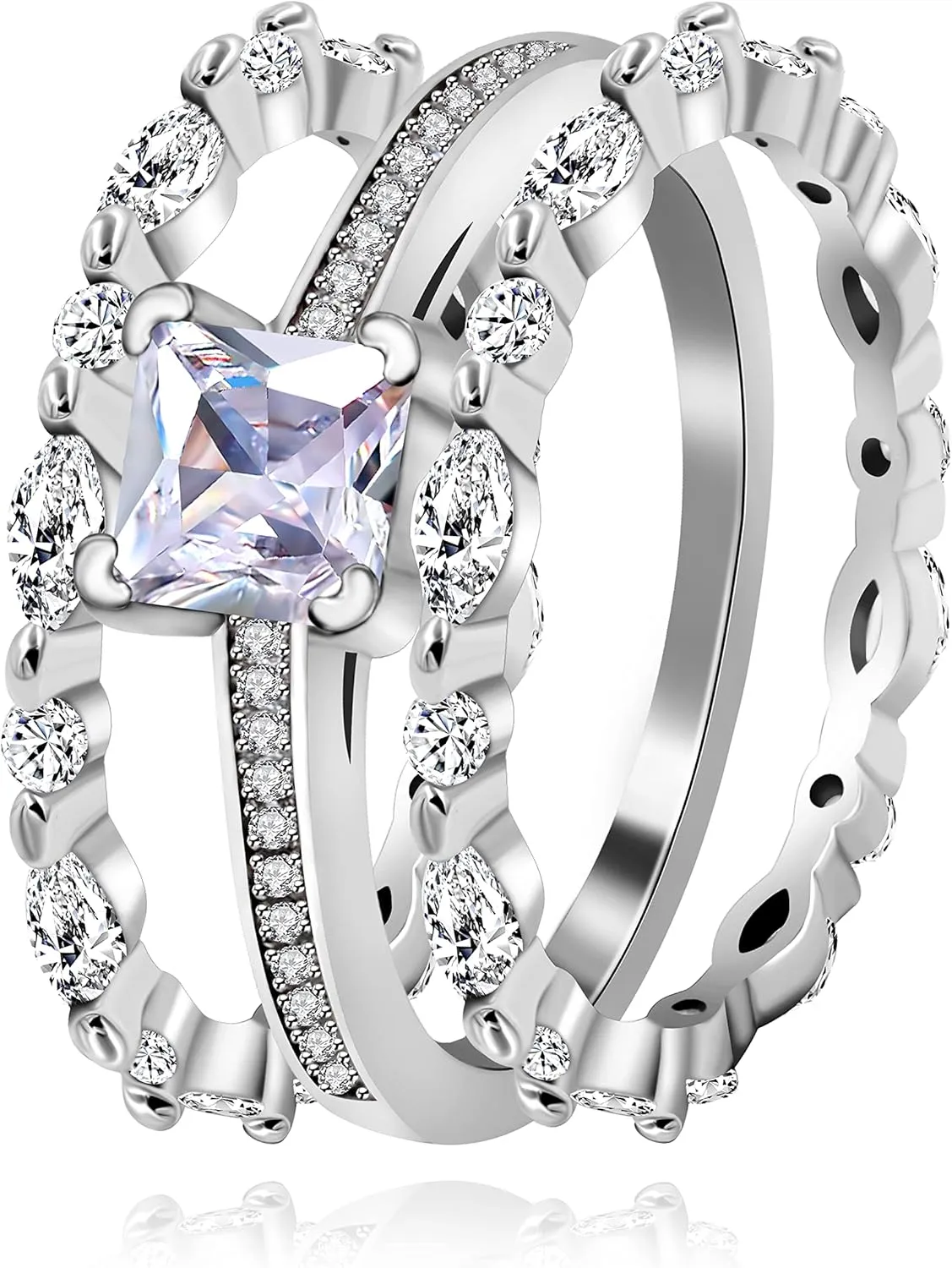 Uloveido 925 Sterling Silver Square Solitaire Ring and Milgrain Eternity Bands Marquise Round CZ Stack Bridal Rings Set for Women