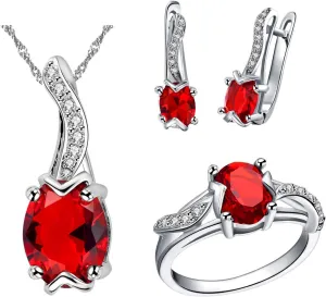 Uloveido Oval Cut Blue Red Purple AAA Cubic Zirconia Pendant Necklace Earrings and Ring Crystal Wedding Engagement Jewelry Set for Women Besties T233