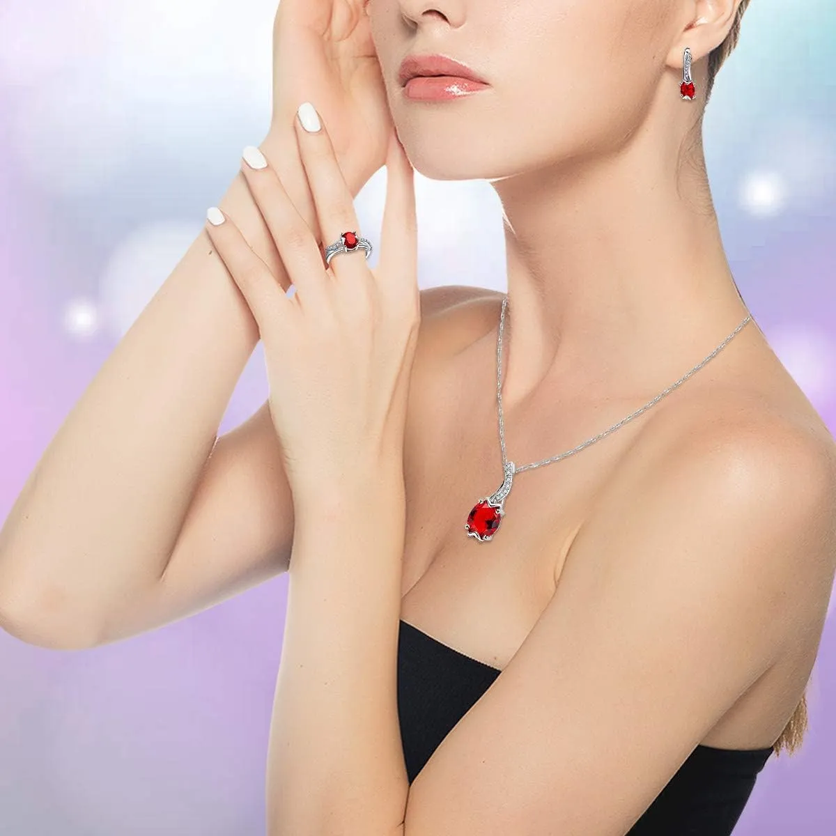 Uloveido Oval Cut Blue Red Purple AAA Cubic Zirconia Pendant Necklace Earrings and Ring Crystal Wedding Engagement Jewelry Set for Women Besties T233