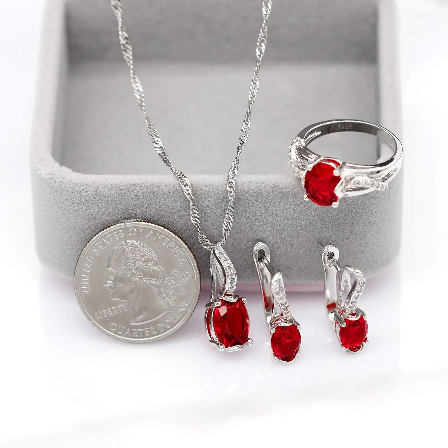 Uloveido Oval Cut Blue Red Purple AAA Cubic Zirconia Pendant Necklace Earrings and Ring Crystal Wedding Engagement Jewelry Set for Women Besties T233