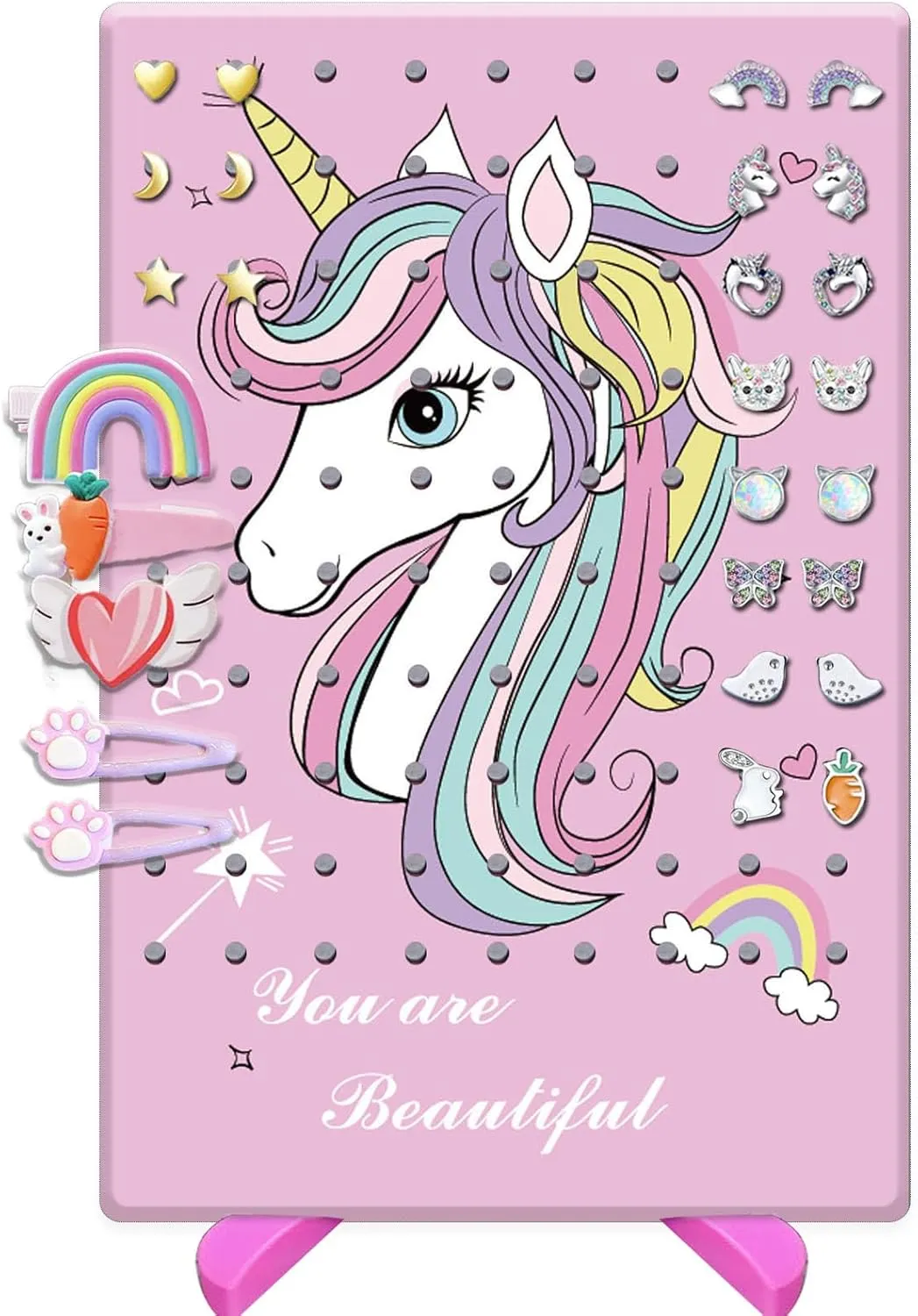 Unicorn Earring Holder for Girls,Earrings Organizer Jewelry Display Stand,Earring Rack with DIY Wood Dowels for Earrings Necklaces Bracelets and Rings (Rainbow Unicorn)
