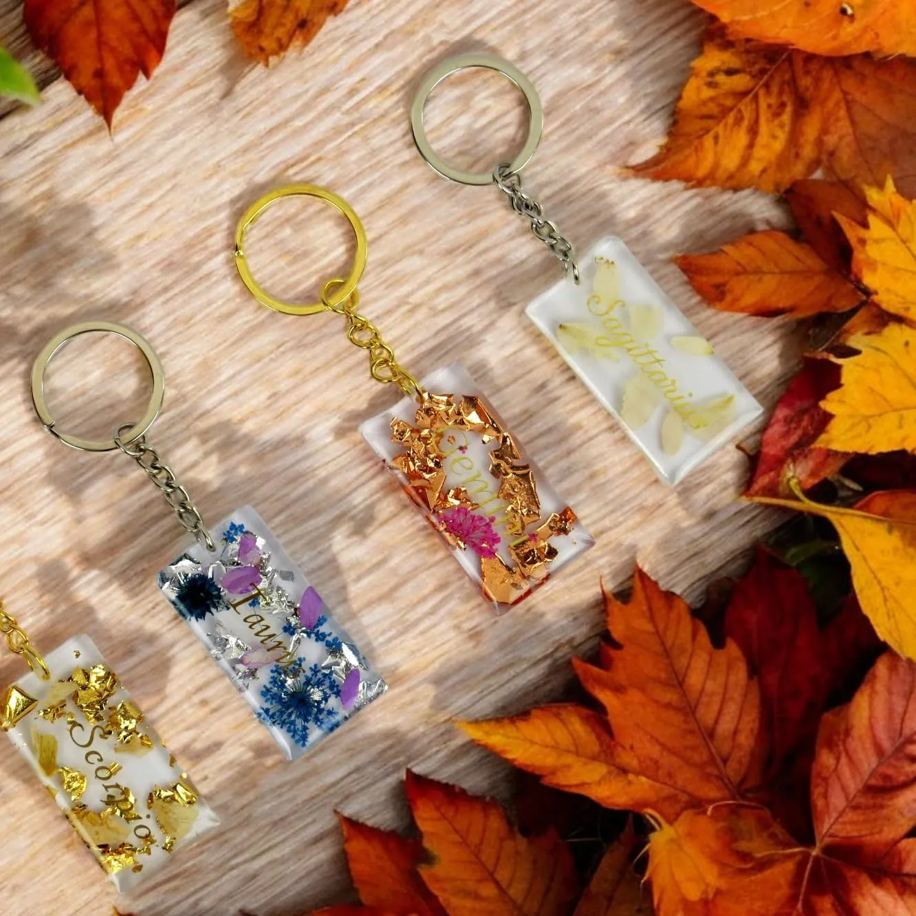 Unique Resin Floral Zodiac Key Chains Charm Keyrings for Gifts Crystal Keychains Women Girls, Astrology Key Chain