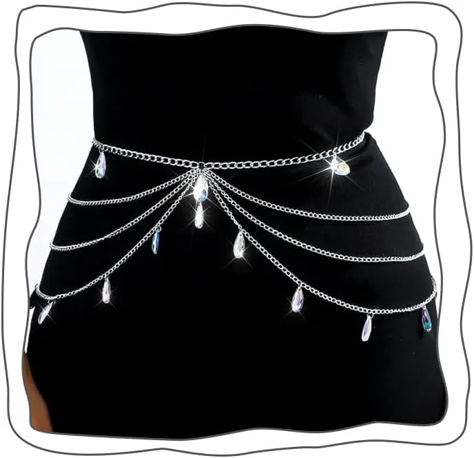Uranian Layered Belly Chains Silver Waist Chain Belt Crystal Chain Belt for Dress Beach Body Jewelry for Women