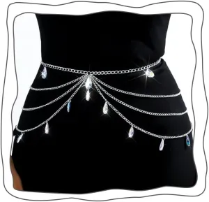 Uranian Layered Belly Chains Silver Waist Chain Belt Crystal Chain Belt for Dress Beach Body Jewelry for Women