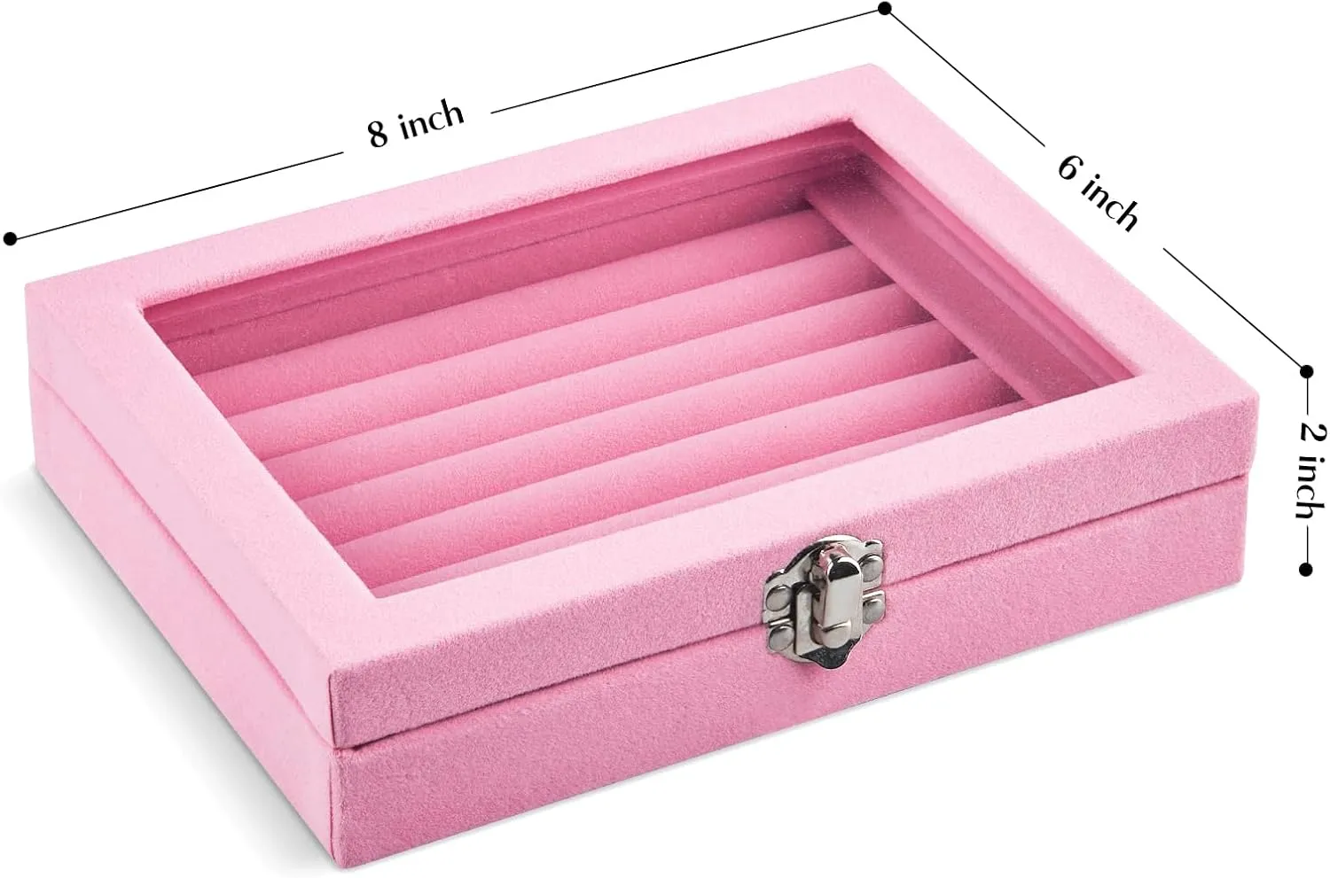 Velvet Ring Organizer Box, 7 Slots Jewelry Holder with Glass Lid Earring Display Tray Storage Case Gift for Mother's Day Women and Girls (Pink)
