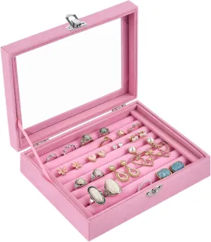 Velvet Ring Organizer Box, 7 Slots Jewelry Holder with Glass Lid Earring Display Tray Storage Case Gift for Mother's Day Women and Girls (Pink)