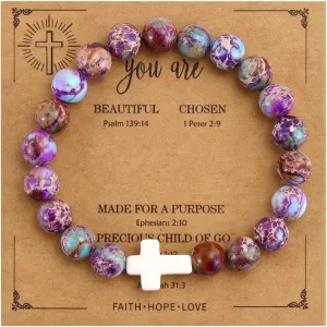 VIBILIA Beaded Bracelets for Women, Inspirational Cross Bracelet for Women, Natural Gemstone Jesus Bracelet, Christian Gifts for Mom, Daughter, Wife, Sister, Friend Birthday Mother's Day