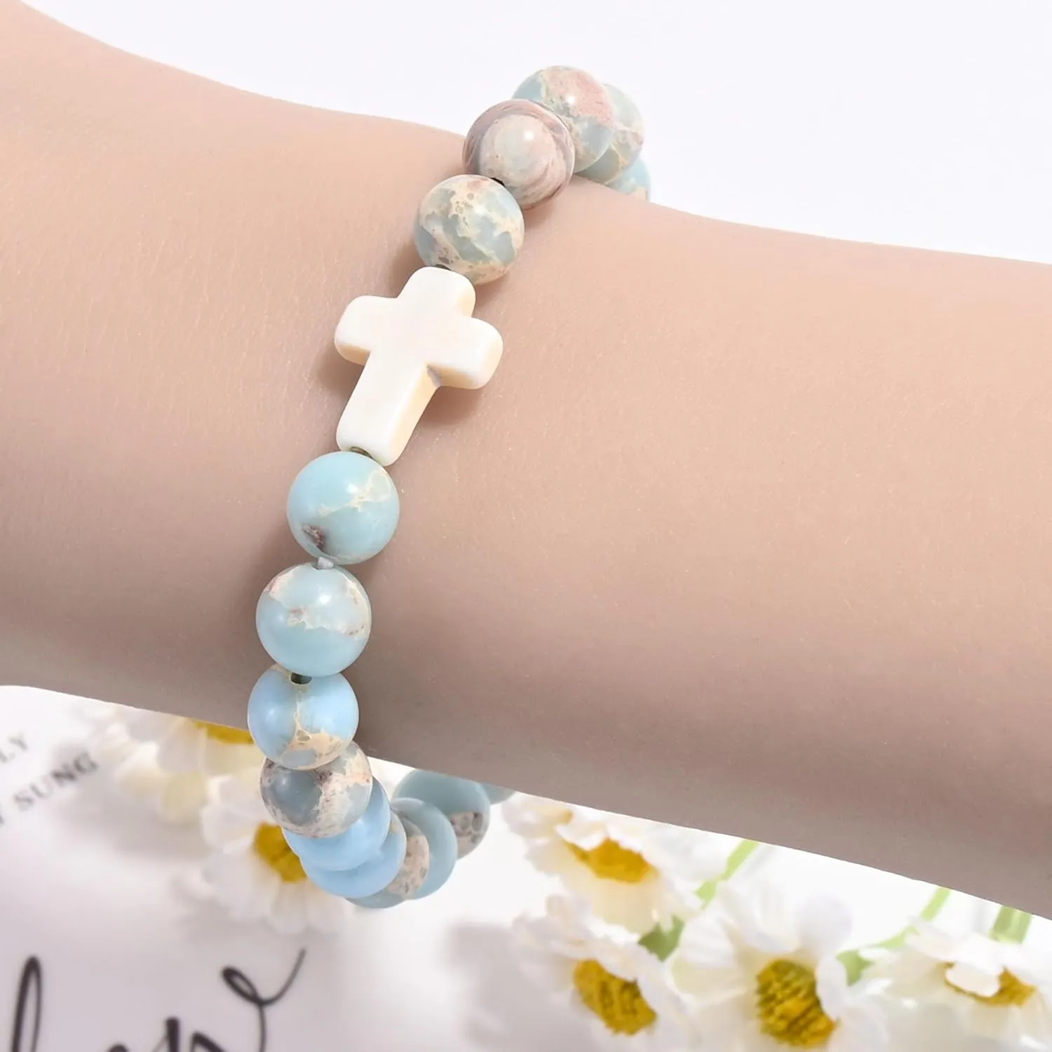 VIBILIA Beaded Bracelets for Women, Inspirational Cross Bracelet for Women, Natural Gemstone Jesus Bracelet, Christian Gifts for Mom, Daughter, Wife, Sister, Friend Birthday Mother's Day
