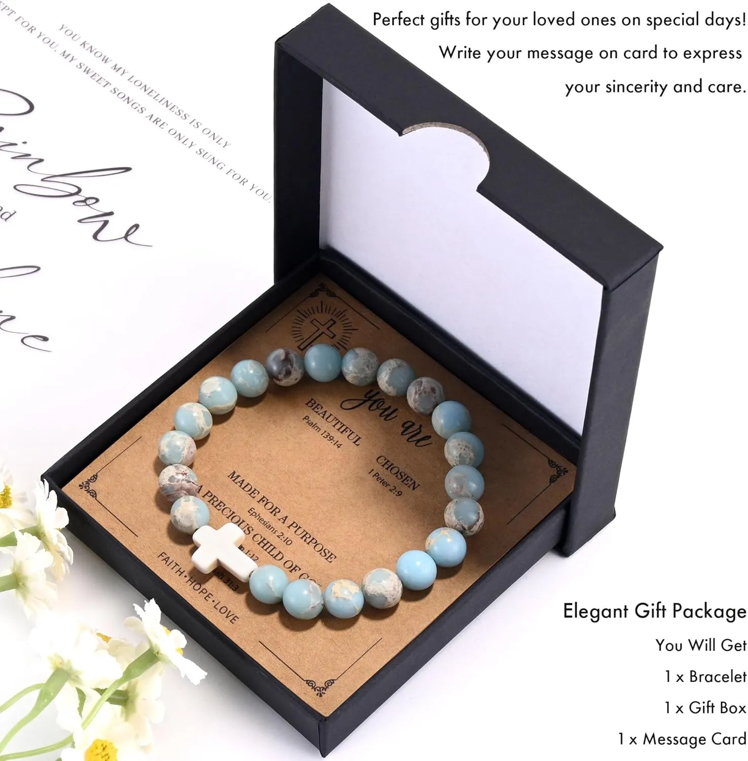 VIBILIA Beaded Bracelets for Women, Inspirational Cross Bracelet for Women, Natural Gemstone Jesus Bracelet, Christian Gifts for Mom, Daughter, Wife, Sister, Friend Birthday Mother's Day